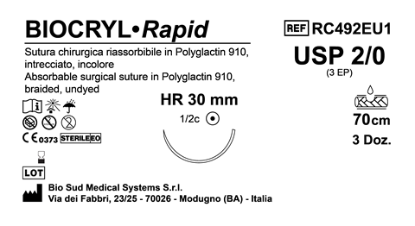 Sutura Biocryl Rapid HR 30 USP 2-0 - EP 3 70 cm Undyed Box 36 pcs