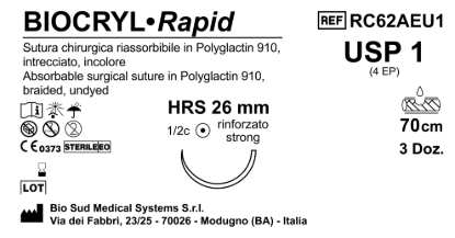 Sutura Biocryl Rapid HRS 26 USP 1 - EP 4 70 cm Undyed Box 36 pcs