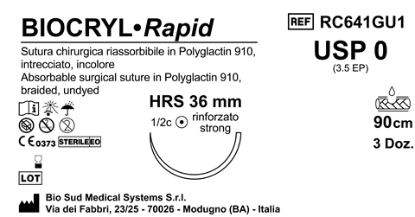 Sutura Biocryl Rapid HRS 36 USP 0 - EP 3.5 90 cm Undyed Box 36 pcs