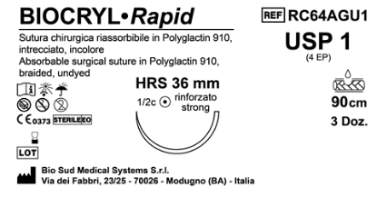 Sutura Biocryl Rapid HRS 36 USP 1 - EP 4 90 cm Undyed Box 36 pcs