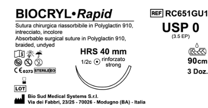 Sutura Biocryl Rapid HRS 40 USP 0 - EP 3.5 90 cm Undyed Box 36 pcs