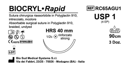 Sutura Biocryl Rapid HRS 40 USP 1 - EP 4 90 cm Undyed Box 36 pcs