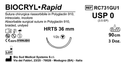 Sutura Biocryl Rapid HRTS 36 USP 0 - EP 3.5 90 cm Undyed Box 36 pcs