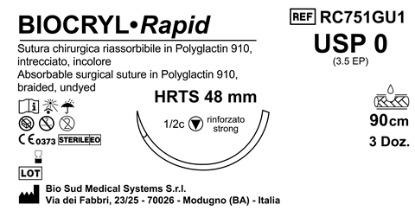 Sutura Biocryl Rapid HRTS 48 USP 0 - EP 3.5 90 cm Undyed Box 36 pcs