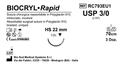 Sutura Biocryl Rapid HS 22 USP 3-0 - EP 2 70 cm Undyed Box 36 pcs