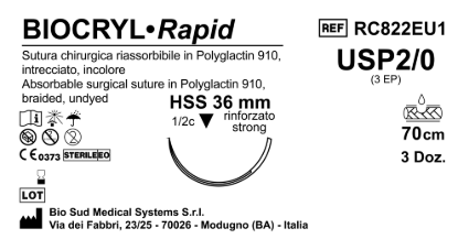 Sutura Biocryl Rapid HSS 36 USP 2-0 - EP 3 70 cm Undyed Box 36 pcs