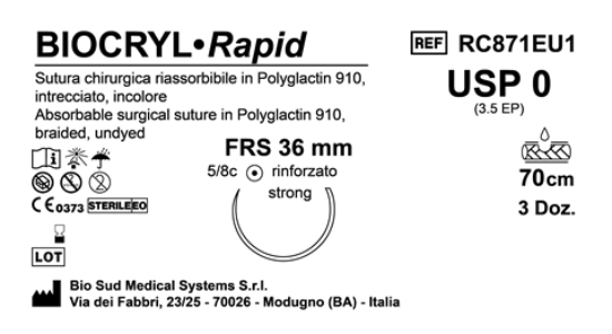 Sutura Biocryl Rapid FRS 36 USP 0 - EP 3.5 70 cm Undyed Box 36 pcs