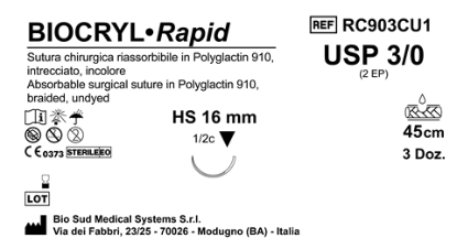 Sutura Biocryl Rapid HS 16 USP 3-0 - EP 2 45 cm Undyed Box 36 pcs