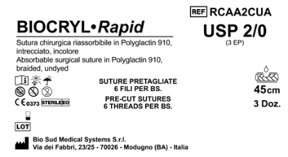 Sutura Biocryl Rapid Precutted USP 2-0 - EP 3 45 cm Undyed Bs. 36 x 6 threads