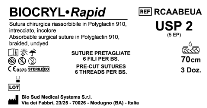 Sutura Biocryl Rapid Precutted USP 2 - EP 5 70 cm Undyed Bs. 36 x 6 threads