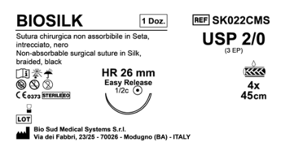 Sutura Biosilk HR 26 USP 2-0 - EP 3 45 cm 4 threads Black Easy Release Box 12 pcs