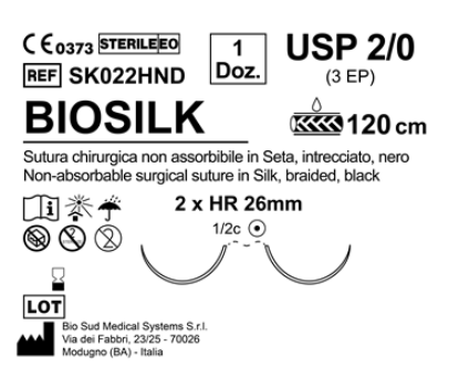 Sutura Biosilk HR 26 USP 2-0 - EP 3 120 cm Black Double Armed; N.12 Bs. per Box