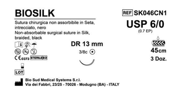 Sutura Biosilk DR13 USP 6-0 - EP 0.7 45 cm Black Box 36 pcs