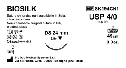 Sutura Biosilk DS24 USP 4-0  - EP 1.5 45 cm Black Box 36 pcs