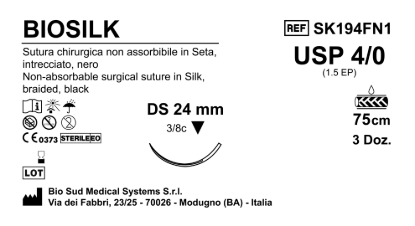 Sutura Biosilk DS24 USP 4-0  - EP 1.5 75 cm Black Box 36 pcs