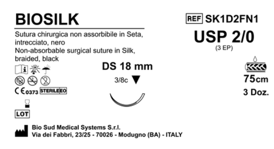 Sutura Biosilk DS18 USP 2-0 - EP 3 75 cm Black Box 36 pcs