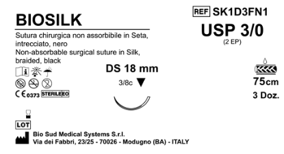 Sutura Biosilk DS18 USP 3-0 - EP 2 75 cm Black Box 36 pcs