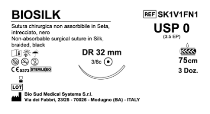 Sutura Biosilk DR32 USP 0 - EP 3.5 75 cm Black Box 36 pcs