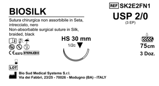 Sutura Biosilk HS30 USP 2-0 - EP 3 75 cm Black Box 36 pcs