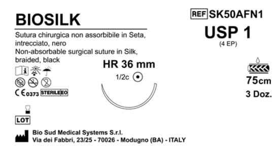 Sutura Biosilk HR36 USP 1 - EP 4 75 cm Black Box 36 pcs