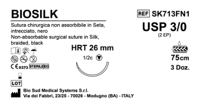 Sutura Biosilk HRT26 USP 3-0 - EP 2 75 cm Black Box 36 pcs