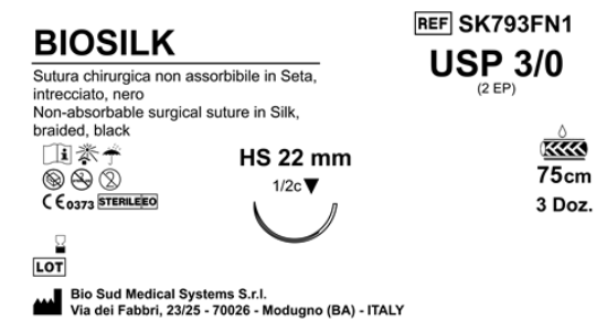 Sutura Biosilk HS22 USP 3-0 - EP 2 75 cm Black Box 36 pcs