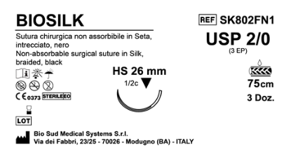 Sutura Biosilk HS26 USP 2-0 - EP 3 75 cm Black Box 36 pcs
