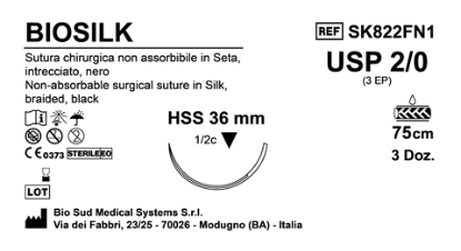 Sutura Biosilk HSS 36 USP 2-0 - EP 3 75 cm Black Box 36 pcs