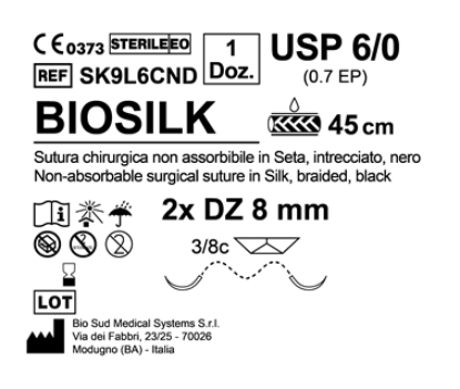 Sutura Biosilk DZ 8 USP 6-0 - EP 0.7 45 cm Black Double Armed  N.12 Bs. per Box