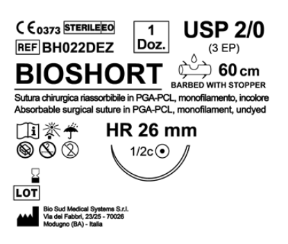 Sutura Bioshort HR 26 USP 2-0 - EP 3 60 cm Undyed Barbed Box 12 pcs