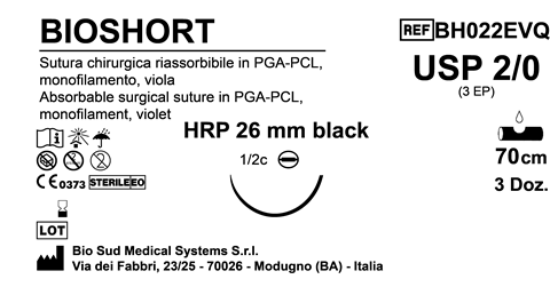 Sutura Bioshort HRP26 USP 2-0 - EP 3 70 cm Violet Needle Plus Black  Box 36 pcs