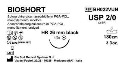 Sutura Bioshort HR26 USP 2-0 - EP 3 180 cm Undyed Black Needle  Box 36 pcs