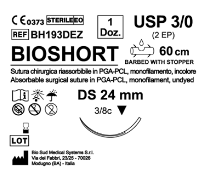 Sutura Bioshort DS 24 USP 3-0 - EP 2 60 cm Undyed Barbed Box 12 pcs