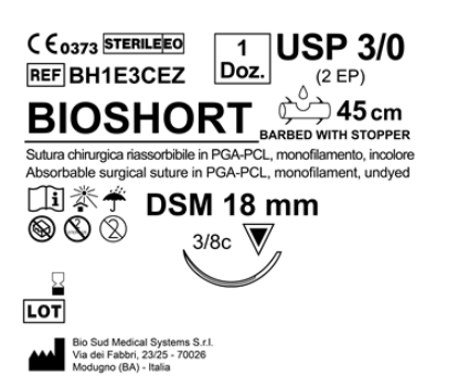 Sutura Bioshort DSM 18 USP 3-0 - EP 2 45 cm Undyed Barbed Box 12 pcs
