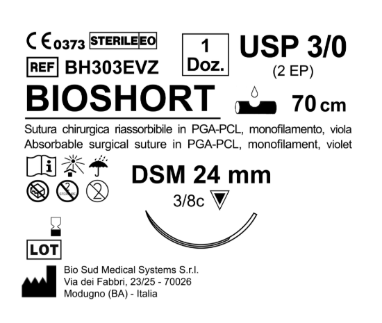 Sutura Bioshort DSM 24 USP 3-0 - EP 2 70 cm Violet Box 12 pcs