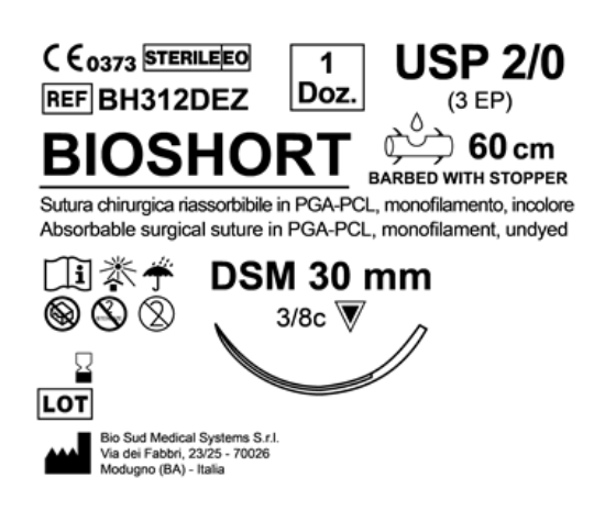 Sutura Bioshort DSM 30 USP 2-0 - EP 3 60 cm Undyed Barbed Box 12 pcs
