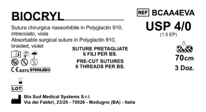 Sutura Biocryl Precutted USP 4-0  - EP 1.5 70 cm Violet Bs. 36 x 6 Threads