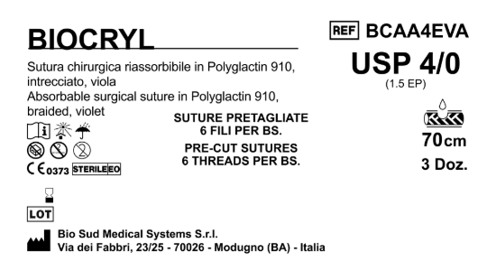 Sutura Biocryl Precutted USP 4-0  - EP 1.5 70 cm Violet Bs. 36 x 6 Threads