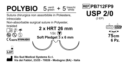 Sutura Polybio HRT26 USP 2-0 - EP 3 75 cm Threads: 5 White + 5 Green x Bs. Doub.Arm. Pledget Soft 3x6 Box 6
