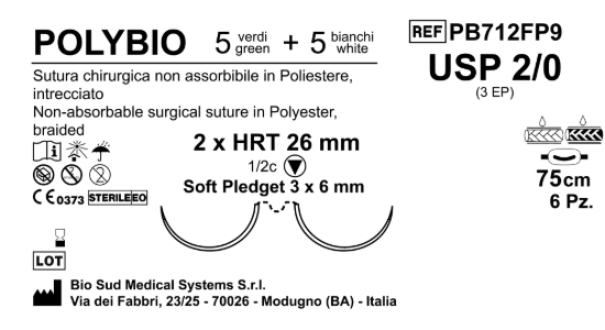 Sutura Polybio HRT26 USP 2-0 - EP 3 75 cm Threads: 5 White + 5 Green x Bs. Doub.Arm. Pledget Soft 3x6 Box 6