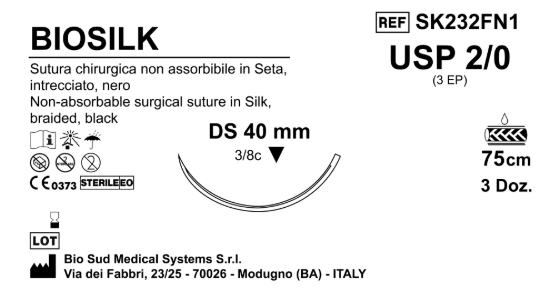 Sutura Biosilk DS40 USP 2-0 - EP 3 75 cm Black Box 36 pcs