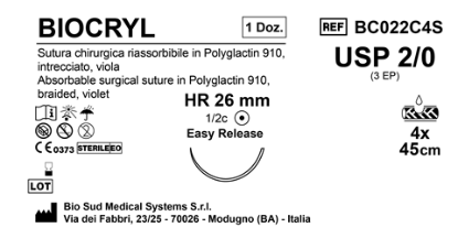 Sutura Biocryl HR 26 USP 2-0 - EP 3 45 cm 4 Threads Violet Easy Release Box 12pcs