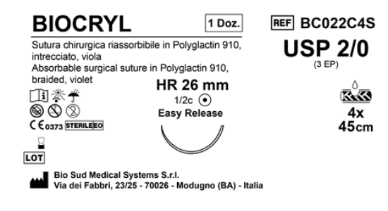 Sutura Biocryl HR 26 USP 2-0 - EP 3 45 cm 4 Threads Violet Easy Release Box 12pcs