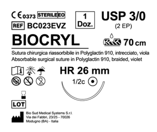 Sutura Biocryl HR 26 USP 3-0 - EP 2 70 cm Violet Box 12 pcs