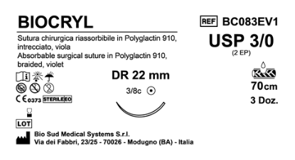 Sutura Biocryl DR22 USP 3-0 - EP 2 70 cm Violet Box 36 pcs