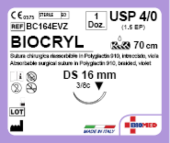 Sutura Biocryl DS 16 USP 4-0  - EP 1.5 70 cm Violet Box 12 pcs