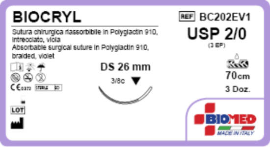 Sutura Biocryl DS26 USP 2-0 - EP 3 70 cm Violet Box 36 pcs