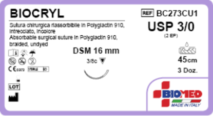 Sutura Biocryl DSM16 USP 3-0 - EP 2 45 cm Undyed Box 36 pcs