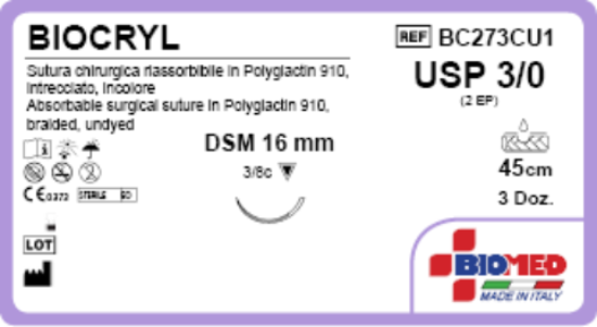 Sutura Biocryl DSM16 USP 3-0 - EP 2 45 cm Undyed Box 36 pcs