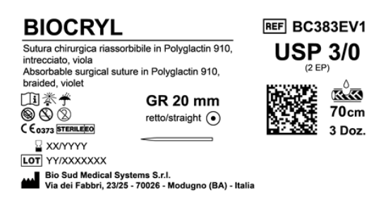 Sutura Biocryl GR20 USP 3-0 - EP 2 70 cm Violet Box 36 pcs